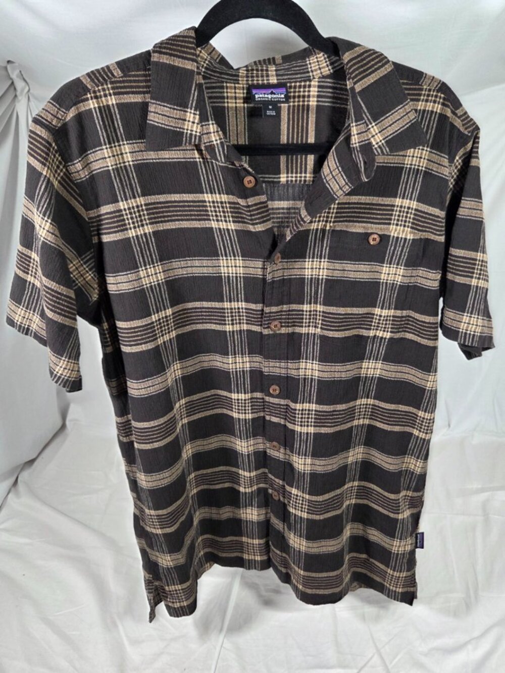 Patagonia Men's M Brown Plaid A/C Crinkle Organic Cotton SS Shirt